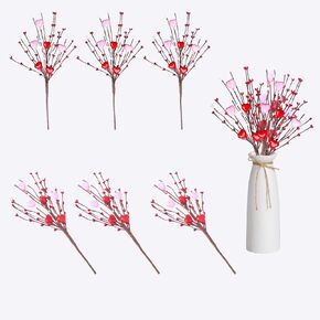 6 قطع من سيقان الزهور الاصطناعية لعيد الحب، اعواد توت صناعية على شكل قلب مقاس 16 انش، فروع التوت لعيد الحب، ديكور الزفاف، احمر وزهري من بروفولي in Kuwait