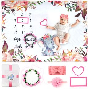 SPOKKI 6 PCS Baby Monthly Milestone Blanket Girl, 60''x40''Fleece Monthly Blanket Newborn with Headband for Photography Background Prop and Mom Nursery Shower Gift (Pink)