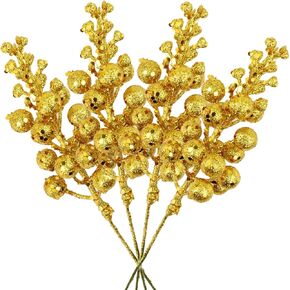 HUIANER Christmas Glitter Berries Stems, 12pcs Artificial Christmas Gold Berry Picks for Christmas Tree Ornaments, Wreath, Crafts and Home Decor 7.87inch in Kuwait