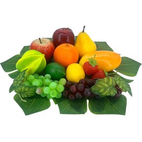 22 قطعة من الفاكهة الصناعية، فاكهة صناعية مع اوراق النخيل لتزيين الحفلات، فاكهة صناعية واقعية لتزيين الطاولة وديكور المنزل والمطبخ والتفاح والبرتقال والفراولة والعنب in Kuwait