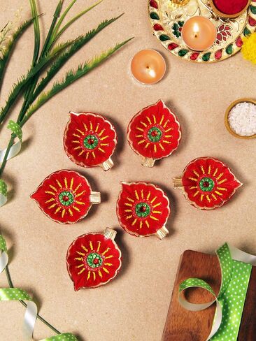 Premium Handmade Terracoaat Set of 6 Red Leaf Clay Diya for Diwali/Navratri Decorations Oil Lamp Diwali Clay Diya Tea Light Holder Indian Decor Festival Gifts Puja Items in Saudi Arabia