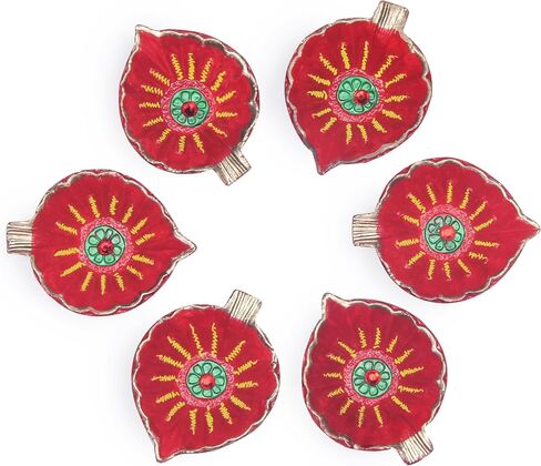 Premium Handmade Terracoaat Set of 6 Red Leaf Clay Diya for Diwali/Navratri Decorations Oil Lamp Diwali Clay Diya Tea Light Holder Indian Decor Festival Gifts Puja Items in Saudi Arabia