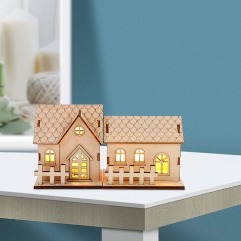 Milisten Christmas Light Up House 2Pcs Christmas Wooden House Luminous Wood Village Christmas Ornaments Decoration Desktop Ornament Holiday Home Decor (Khaki) Xmas Snow Village in Saudi Arabia