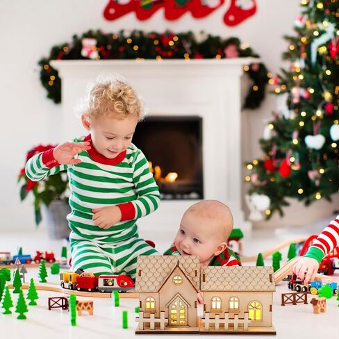 Milisten Christmas Light Up House 2Pcs Christmas Wooden House Luminous Wood Village Christmas Ornaments Decoration Desktop Ornament Holiday Home Decor (Khaki) Xmas Snow Village in Saudi Arabia