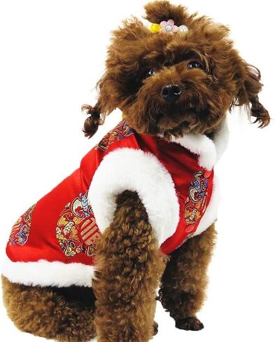 DELIFUR Dog Blessing Qipao Chinese Traditional Pet Chrysanthemum Coat Winter Cat New Year Costume for Small Medium Dogs Cats (Blessing, X-Small) in Saudi Arabia