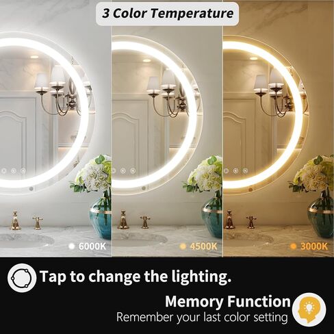 مرآة حمام LED مستديرة مقاس 24 بوصة من LOVESPEJO، مضادة للضباب، قابلة للتعتيم، مضاءة أمامية، مرآة حمام دائرية مع أضواء LED، مرآة حمام مضاءة للجدار، 3 ألوان، ذاكرة، مقاومة للكسر، IP64 in Kuwait