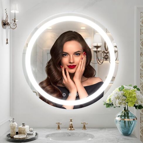 مرآة حمام LED مستديرة مقاس 24 بوصة من LOVESPEJO، مضادة للضباب، قابلة للتعتيم، مضاءة أمامية، مرآة حمام دائرية مع أضواء LED، مرآة حمام مضاءة للجدار، 3 ألوان، ذاكرة، مقاومة للكسر، IP64 in Kuwait