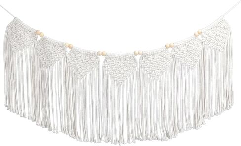 نسيج WIFTREY Boho Macrame للتعليق على الحائط، عرض جدار الصور مع مشابك منسوجة على شكل غرفة بوهيمية لتزيين الحائط، 70 بوصة طول، 12 بوصة عرض (خرزة خشبية) in Kuwait