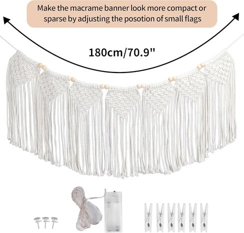 نسيج WIFTREY Boho Macrame للتعليق على الحائط، عرض جدار الصور مع مشابك منسوجة على شكل غرفة بوهيمية لتزيين الحائط، 70 بوصة طول، 12 بوصة عرض (خرزة خشبية) in Kuwait