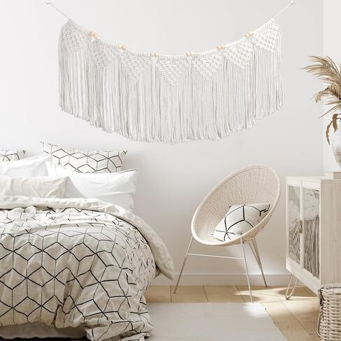 نسيج WIFTREY Boho Macrame للتعليق على الحائط، عرض جدار الصور مع مشابك منسوجة على شكل غرفة بوهيمية لتزيين الحائط، 70 بوصة طول، 12 بوصة عرض (خرزة خشبية) in Kuwait