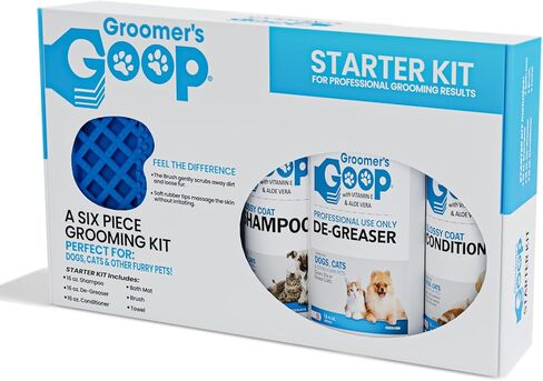 مجموعة Groomers Goop للمبتدئين - مجموعة العناية بالكلاب والقطط والجراء والقطط المكونة من 6 قطع - مع مزيل الشحوم والشامبو والبلسم وسجادة الحمام وفرشاة الحلاقة ومنشفة ماصة in Kuwait