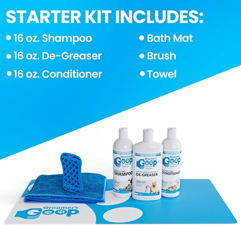 مجموعة Groomers Goop للمبتدئين - مجموعة العناية بالكلاب والقطط والجراء والقطط المكونة من 6 قطع - مع مزيل الشحوم والشامبو والبلسم وسجادة الحمام وفرشاة الحلاقة ومنشفة ماصة in Kuwait