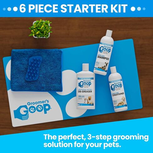 مجموعة Groomers Goop للمبتدئين - مجموعة العناية بالكلاب والقطط والجراء والقطط المكونة من 6 قطع - مع مزيل الشحوم والشامبو والبلسم وسجادة الحمام وفرشاة الحلاقة ومنشفة ماصة in Kuwait