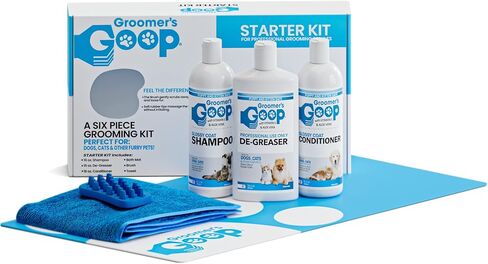 مجموعة Groomers Goop للمبتدئين - مجموعة العناية بالكلاب والقطط والجراء والقطط المكونة من 6 قطع - مع مزيل الشحوم والشامبو والبلسم وسجادة الحمام وفرشاة الحلاقة ومنشفة ماصة in Kuwait