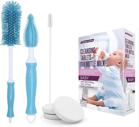 Blue (3) Baby Bottle Silicone Brushes and (30 Pack) Baby Milk Bottle Cleaning Tablets, Water Bottle Tumbler Cleaner in Saudi Arabia