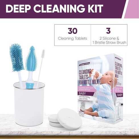 Blue (3) Baby Bottle Silicone Brushes and (30 Pack) Baby Milk Bottle Cleaning Tablets, Water Bottle Tumbler Cleaner in Saudi Arabia