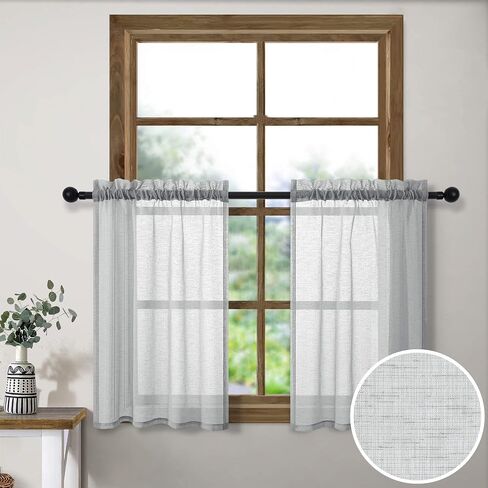 Silver Grey Kitchen Curtains 36 Inch Length for Kitchen 2 Panels Rod Pocket Linen Woven Textured Semi Sheer Cafe Curtain Tiers for Party Living Room Small Window Bathroom 30x36 Inches Long Light Gray in Saudi Arabia