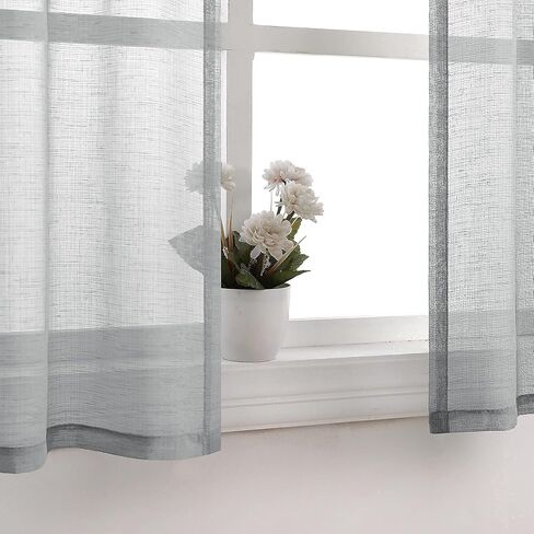 Silver Grey Kitchen Curtains 36 Inch Length for Kitchen 2 Panels Rod Pocket Linen Woven Textured Semi Sheer Cafe Curtain Tiers for Party Living Room Small Window Bathroom 30x36 Inches Long Light Gray in Saudi Arabia