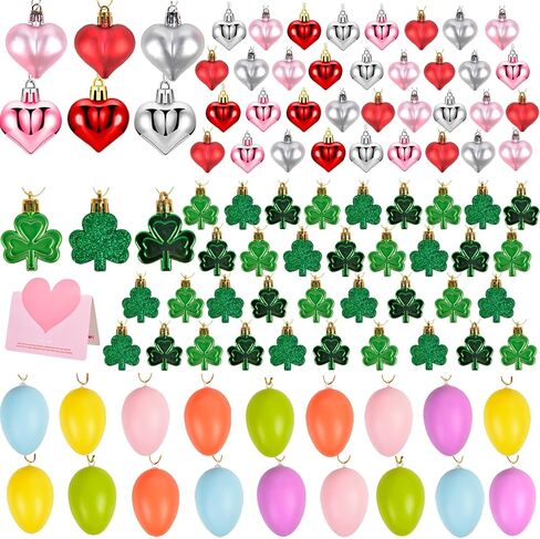 Chezmax 91PCS Mini Valentine’s Ornaments for Small Tree Valentines Mini Ornaments Valentine's Day Heart Ornaments Easter Egg Hanging Ornaments St. Patrick's Day Shamrock Ornaments for Mini Tree in Saudi Arabia