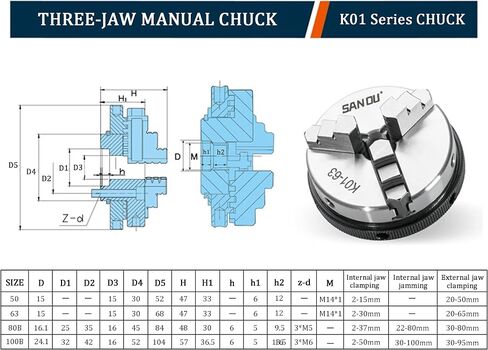 RATTMMOTOR 3-Jaw K01 Series high-precision Manual Lathe chuck Self-centering Chuck with 2pcs M14 Lock Rods for cutting Non-ferrous Metals and Plastics and Other Non-metals (K01-63) in Saudi Arabia