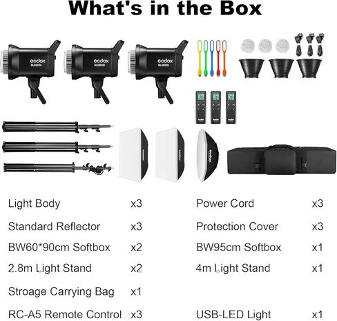 Godox 3 Pack SL-60II bi 180W CRI95+ أبيض إضاءة الإخراج المستمر LED مجموعة أدوات تركيب بوينز لليوتيوب، تصوير الفيديو، الاستوديو، تصوير الأطفال، الزفاف والسوفت بوكس، حامل الضوء، حقيبة حمل in Kuwait