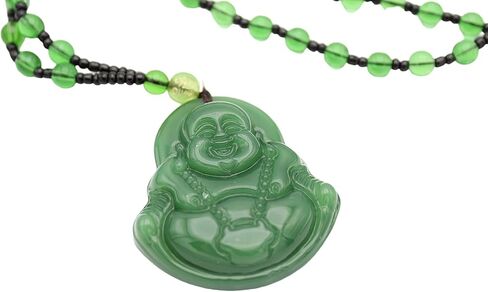 قلادة من حجر اليشم الاخضر المقلد الضاحك بوذا السعيد، قلادة فينغ شوي للحماية من الثروة والحظ السعيد والصحة والراتنج، بدون احجار كريمة in Kuwait