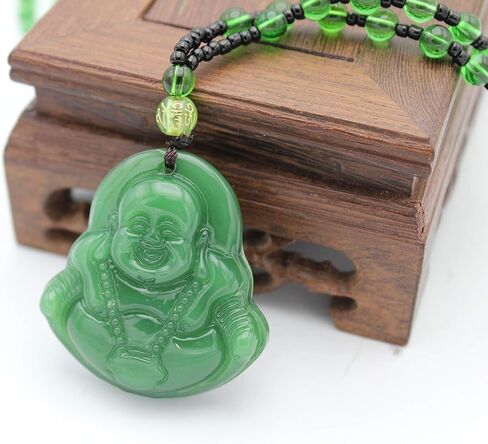 قلادة من حجر اليشم الاخضر المقلد الضاحك بوذا السعيد، قلادة فينغ شوي للحماية من الثروة والحظ السعيد والصحة والراتنج، بدون احجار كريمة in Kuwait