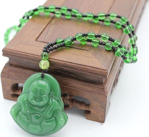 قلادة من حجر اليشم الاخضر المقلد الضاحك بوذا السعيد، قلادة فينغ شوي للحماية من الثروة والحظ السعيد والصحة والراتنج، بدون احجار كريمة in Kuwait