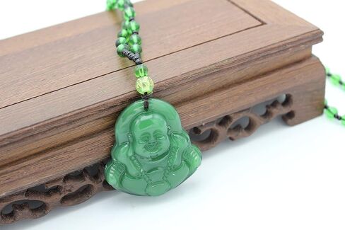قلادة من حجر اليشم الاخضر المقلد الضاحك بوذا السعيد، قلادة فينغ شوي للحماية من الثروة والحظ السعيد والصحة والراتنج، بدون احجار كريمة in Kuwait