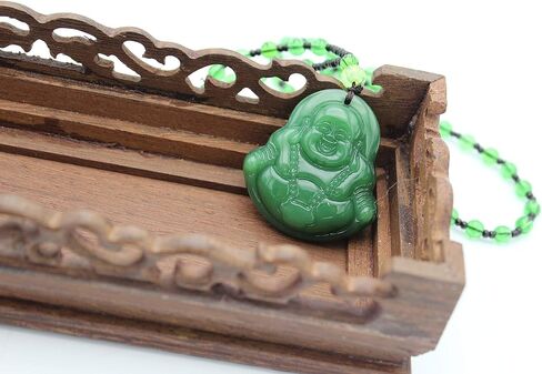 قلادة من حجر اليشم الاخضر المقلد الضاحك بوذا السعيد، قلادة فينغ شوي للحماية من الثروة والحظ السعيد والصحة والراتنج، بدون احجار كريمة in Kuwait