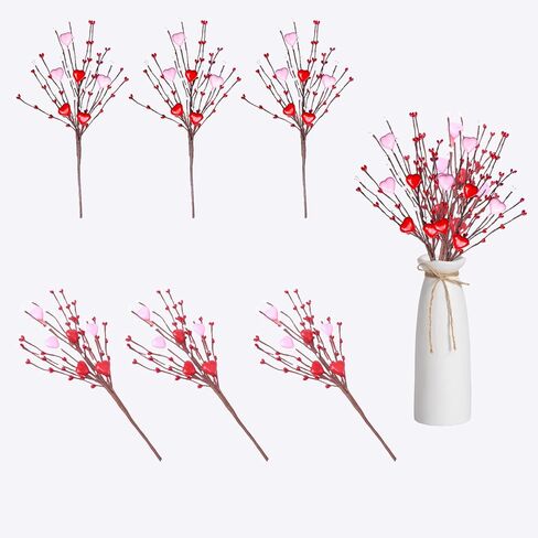 6 قطع من سيقان الزهور الاصطناعية لعيد الحب، اعواد توت صناعية على شكل قلب مقاس 16 انش، فروع التوت لعيد الحب، ديكور الزفاف، احمر وزهري من بروفولي in Kuwait