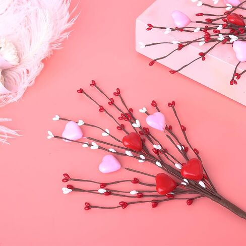 6 قطع من سيقان الزهور الاصطناعية لعيد الحب، اعواد توت صناعية على شكل قلب مقاس 16 انش، فروع التوت لعيد الحب، ديكور الزفاف، احمر وزهري من بروفولي in Kuwait