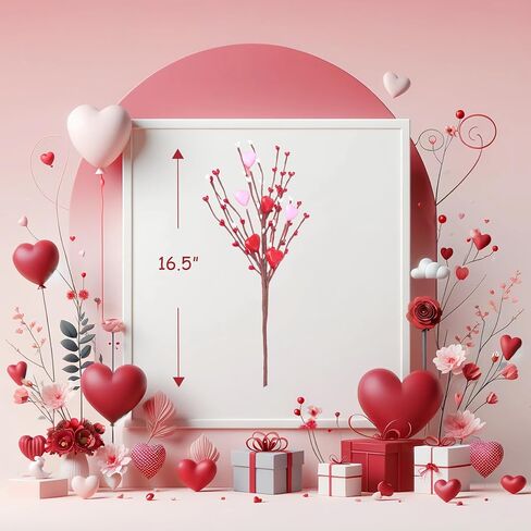 6 قطع من سيقان الزهور الاصطناعية لعيد الحب، اعواد توت صناعية على شكل قلب مقاس 16 انش، فروع التوت لعيد الحب، ديكور الزفاف، احمر وزهري من بروفولي in Kuwait