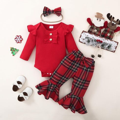 Baby Girl My 1st Christmas Outfits Letter Long Sleeve Romper Tops+Bell Bottom Pants+Headband 3 Pcs Clothes Set in Saudi Arabia