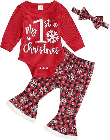 Baby Girl My 1st Christmas Outfits Letter Long Sleeve Romper Tops+Bell Bottom Pants+Headband 3 Pcs Clothes Set in Saudi Arabia
