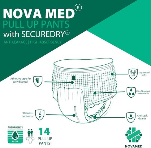 حفاضات نوفاميد لسلس البول، سراويل سحب للكبار، حفاضات للبالغين - 14 بنطال في كل عبوة (مقاس متوسط) - امتصاص 1650 مل in Kuwait
