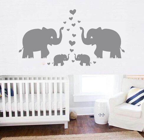 Elephant Wall Decal Family Wall Decal With Hearts and Butterfly Wall Decals Baby Nursery Decor Kids Room Wall Stickers, Grey in Saudi Arabia