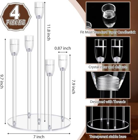 Barydat 4 Pieces Acrylic Candelabra Centerpiece Clear 5 Arms Candle Holder Centerpiece Taper Candle Holder Bulks Candlestick Holder for Wedding Christmas Party Gift, Fit 0.87" LED Candles in Kuwait