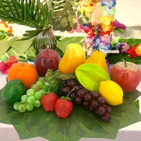 22 قطعة من الفاكهة الصناعية، فاكهة صناعية مع اوراق النخيل لتزيين الحفلات، فاكهة صناعية واقعية لتزيين الطاولة وديكور المنزل والمطبخ والتفاح والبرتقال والفراولة والعنب in Kuwait