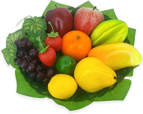 22 قطعة من الفاكهة الصناعية، فاكهة صناعية مع اوراق النخيل لتزيين الحفلات، فاكهة صناعية واقعية لتزيين الطاولة وديكور المنزل والمطبخ والتفاح والبرتقال والفراولة والعنب in Kuwait