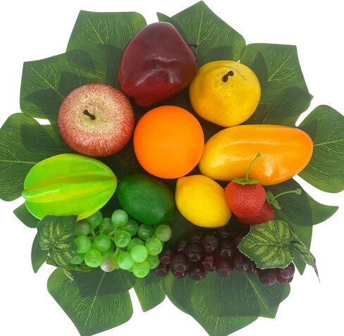 22 قطعة من الفاكهة الصناعية، فاكهة صناعية مع اوراق النخيل لتزيين الحفلات، فاكهة صناعية واقعية لتزيين الطاولة وديكور المنزل والمطبخ والتفاح والبرتقال والفراولة والعنب in Kuwait