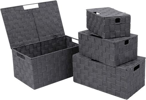 سلال تخزين منسوجة من KEDSUM، صناديق وصناديق وسلال تخزين بأغطية، وسلال ذات أشرطة منسوجة، وسلال تخزين منسوجة من النايلون، ومقابض حمل مدمجة (مجموعة سوداء من 4) in Kuwait