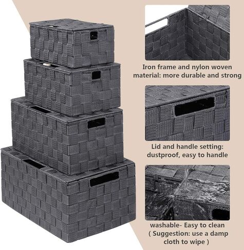 سلال تخزين منسوجة من KEDSUM، صناديق وصناديق وسلال تخزين بأغطية، وسلال ذات أشرطة منسوجة، وسلال تخزين منسوجة من النايلون، ومقابض حمل مدمجة (مجموعة سوداء من 4) in Kuwait