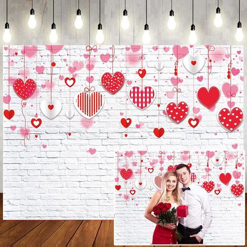 LTLYH 7x5ft خلفية عيد الحب الأبيض جدار من الطوب قلوب حمراء خلفية التصوير الفوتوغرافي لعيد الأم الزفاف دش الزفاف حفلة عيد ميلاد ديكور راية صورة كشك الصور الدعائم 088 in Kuwait