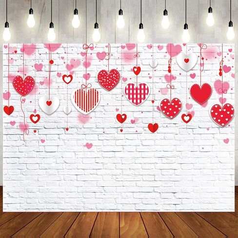 LTLYH 7x5ft خلفية عيد الحب الأبيض جدار من الطوب قلوب حمراء خلفية التصوير الفوتوغرافي لعيد الأم الزفاف دش الزفاف حفلة عيد ميلاد ديكور راية صورة كشك الصور الدعائم 088 in Kuwait