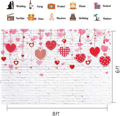 LTLYH 7x5ft خلفية عيد الحب الأبيض جدار من الطوب قلوب حمراء خلفية التصوير الفوتوغرافي لعيد الأم الزفاف دش الزفاف حفلة عيد ميلاد ديكور راية صورة كشك الصور الدعائم 088 in Kuwait