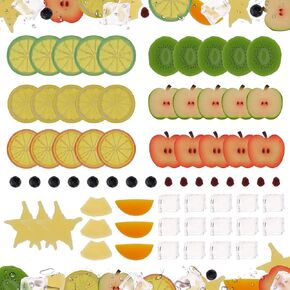 Woration 48pcs Fake Green Fruit Decoration Simulation Clear Ice Cubes Set Plastic Faux Kiwi Apple Lemon Slices Rocks Artificial Strawberries Lifelike Table Party Photography Prop