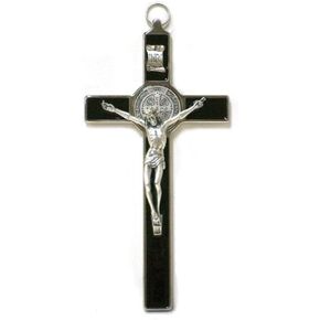 Holy Land Market Saint Benedict Crucifix - All Metal with Inlaid Enamel and Silver Corpus - 8'' in Height - Many Colors - Made in Italy - Black in Kuwait