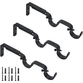 3PCS Black Curtain Rod Bracket, Adjustable Heavy Duty Double Curtain Rod Hanging Brackets, Adjustable Drapery Rod Bracket 1Inch Rod, Black