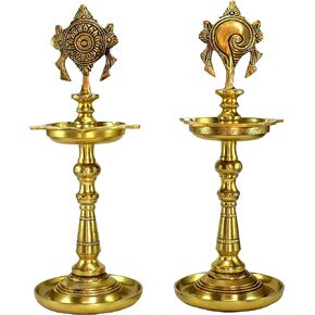 eSplanade Brass Diya Indian Pooja lamp| Brass Deepak Deepam Kuthu Vilakku| | (Shankh). 13'' inches. in Saudi Arabia